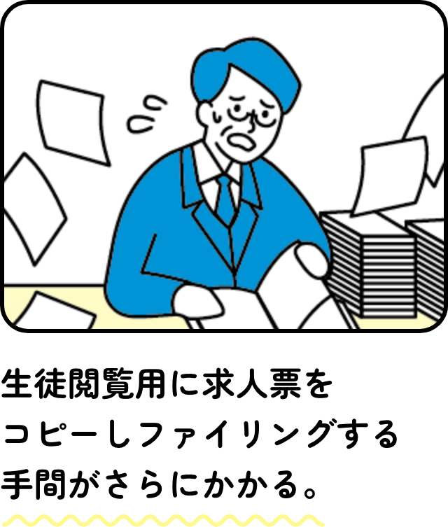 生徒閲覧用に求人票をコピーしファイリングする手間がさらにかかる。